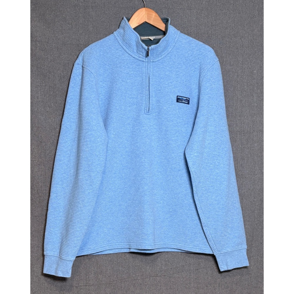 LL Bean Mens Quarter Zip Pullover Light Blue Ribbed Knit Sweater Sz L